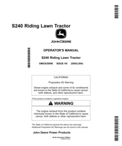 John Deere S240 Riding Lawn Tractor (700001-800000) Operator's Manual (OMGX26096)