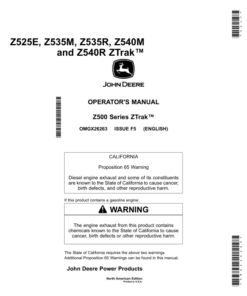 John Deere Z525E, Z535M, Z535R, Z540M& Z540R ZTrak Zero-Turn Mowers North America (010001- ) Operator's Manual (OMGX26263)