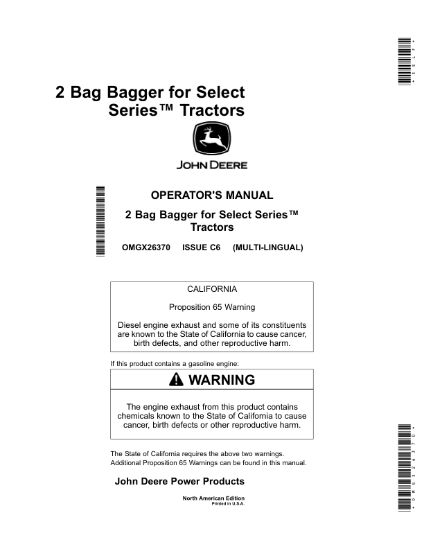 John Deere 2 Bag Bagger for Select Series Tractors (North American) Operator's Manual (OMGX26370)