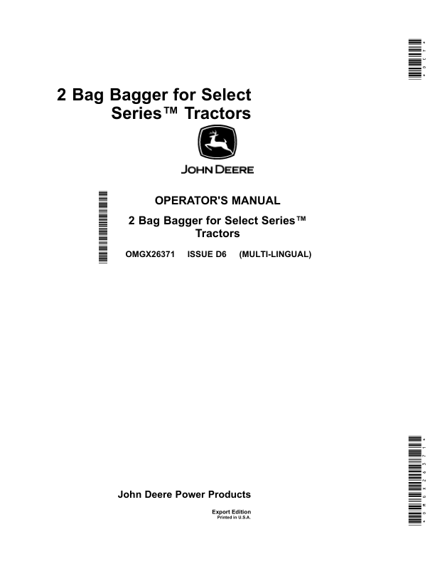 John Deere 2 Bag Bagger for Select Series Tractors (Export Edition) Operator's Manual (OMGX26371)