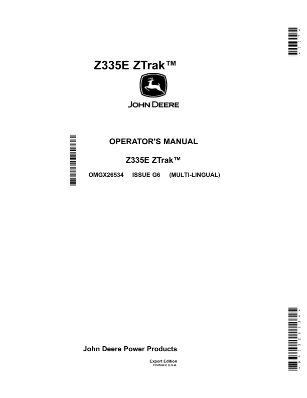 John Deere Z335E ZTrak (Export Edition)SN 050001- Operator's Manual (OMGX26534)