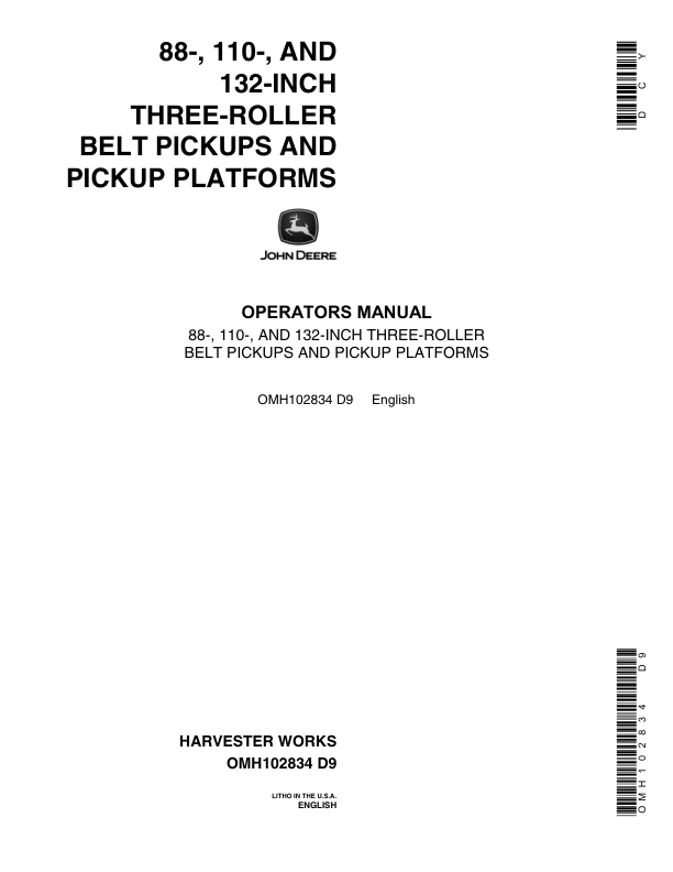 John Deere 3-Roller Belt Pickups (88, 110, 132 Inch), Pickup Platforms Operator's Manual (OMH102834)