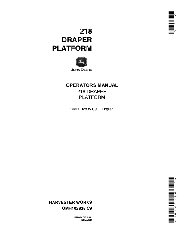 John Deere 218 Draper Platfrom (-547400) Operator's Manual (OMH102835)