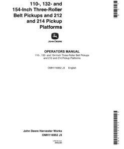 John Deere 3-Roller Belt Pickups (110, 132, 154 In.), 212/214 Platform Operator's Manual (OMH116952)