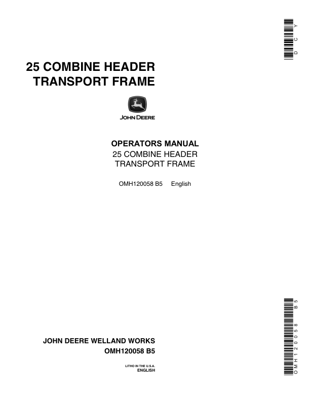 John Deere 25 Combine Header Transport Frame Operator's Manual (OMH120058)