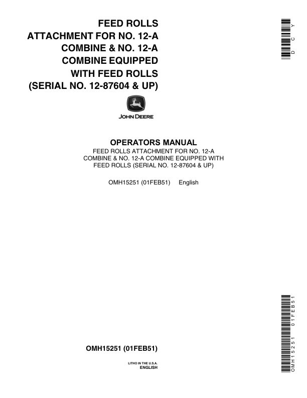 John Deere Edible Bean Attachment Combine Operator's Manual (OMH15251)