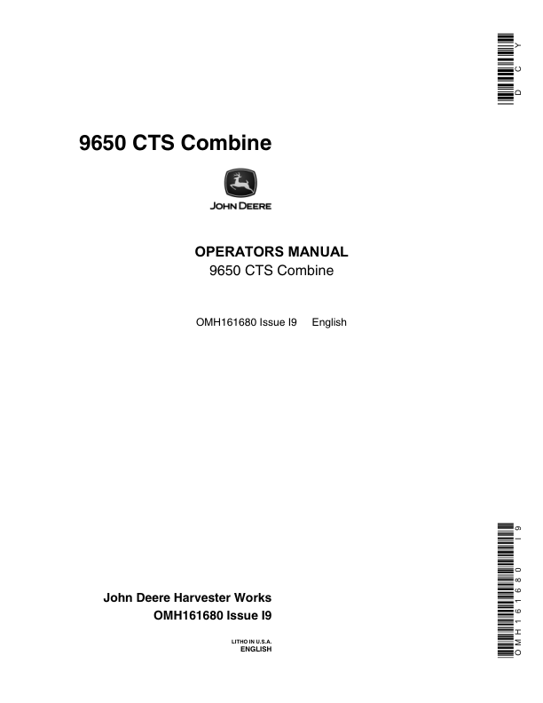 John Deere 9650 CTS Combine Operator's Manual (OMH161680)