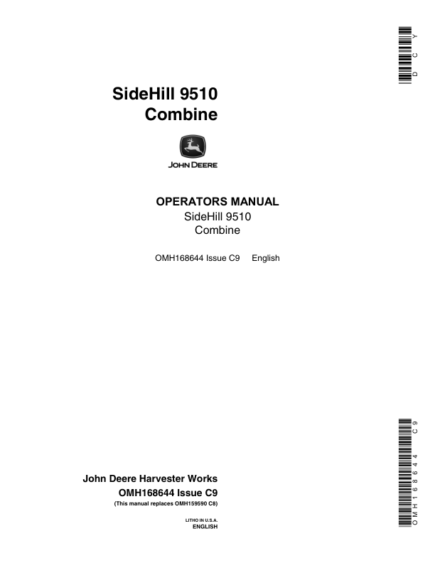 John Deere 9510 Sidehill Combine Operator's Manual (OMH168644)