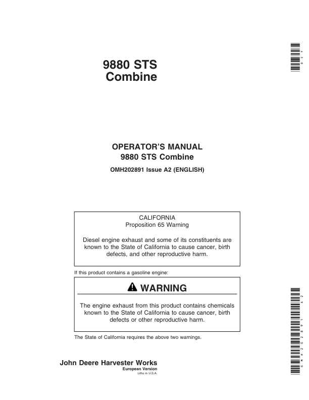 John Deere 9880 STS Combine (695801-) Operator's Manual (OMH202891)