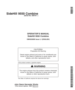 John Deere 9550SH Combine (695701- ) Operator's Manual (OMH202899)