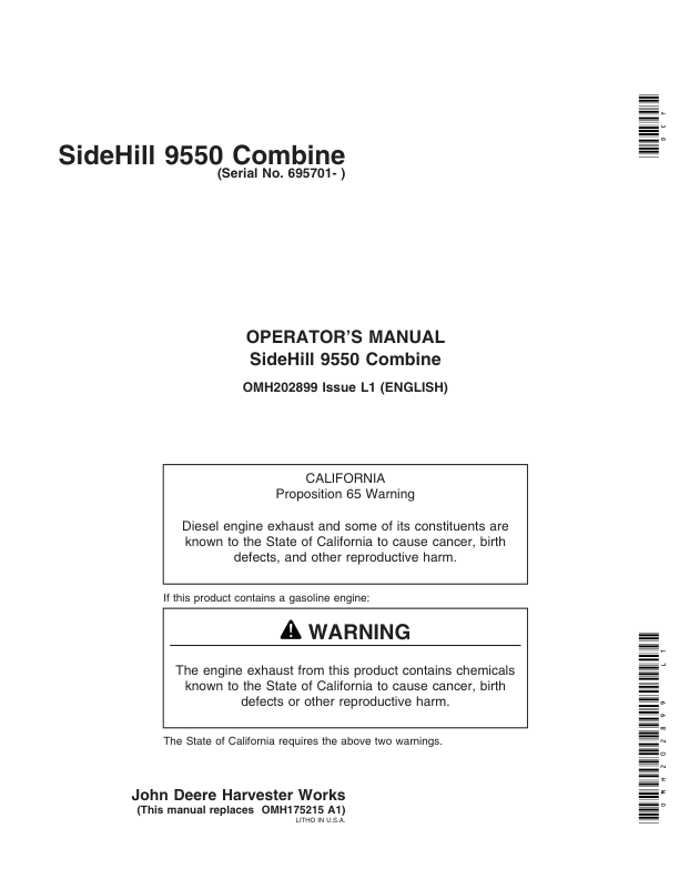 John Deere 9550SH Combine (695701- ) Operator's Manual (OMH202899)