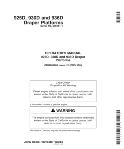 John Deere 925D, 930D, & 936D Draper Platforms North America (701151-705850) Operator's Manual (OMH205903)