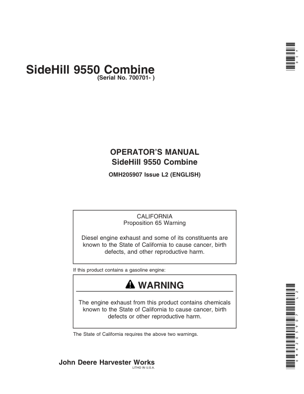 John Deere 9550SH Combine (700701-) Operator's Manual (OMH205907)