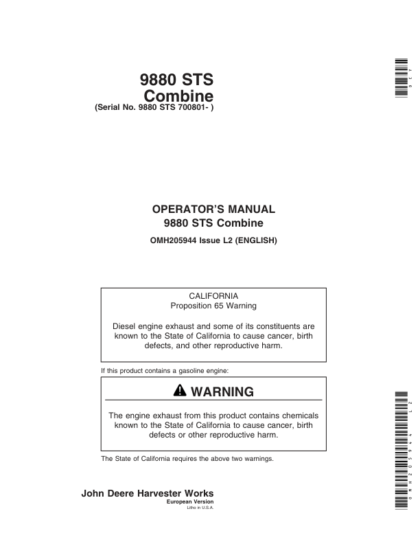 John Deere 9880 STS Combine (700801-) Operator's Manual (OMH205944)