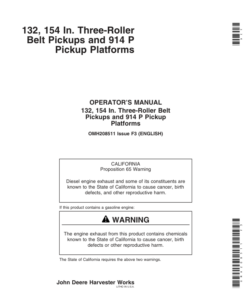 John Deere 3-Roller Belt Pickup (132, 154 In.), 914P Platform Operator's Manual (OMH208511)