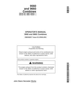 John Deere 9560 (705201-), 9660 (705301-) Combine Operator's Manual (OMH208517)