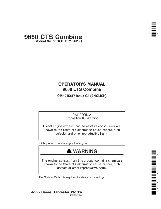 John Deere 9660 CTS Combine (710401-) Operator's Manual (OMH215817)