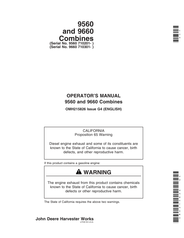 John Deere 9560 (710201-), 9660 (710301) Combines Operator's Manual (OMH215826)