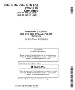 John Deere 9560STS (710251- ), 9660STS (710501-) & 9760STS (710601- ) Combines Operator's Manual (OMH215847)