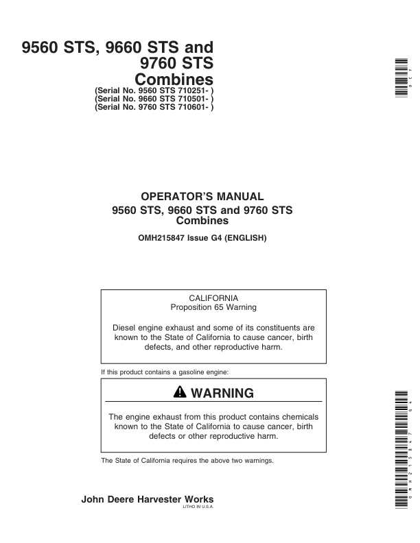 John Deere 9560STS (710251- ), 9660STS (710501-) & 9760STS (710601- ) Combines Operator's Manual (OMH215847)