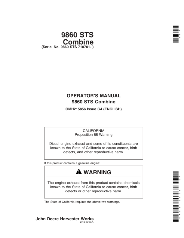 John Deere 9860 STS Combine (710701-) Operator's Manual (OMH215856)