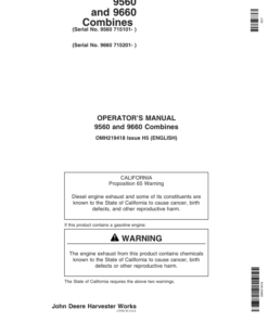 John Deere 9560 (715101-), 9660 (715201-) Combines Operator's Manual (OMH219418)