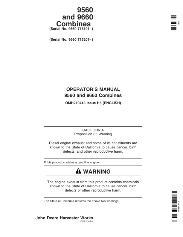 John Deere 9560 (715101-), 9660 (715201-) Combines Operator's Manual (OMH219418)