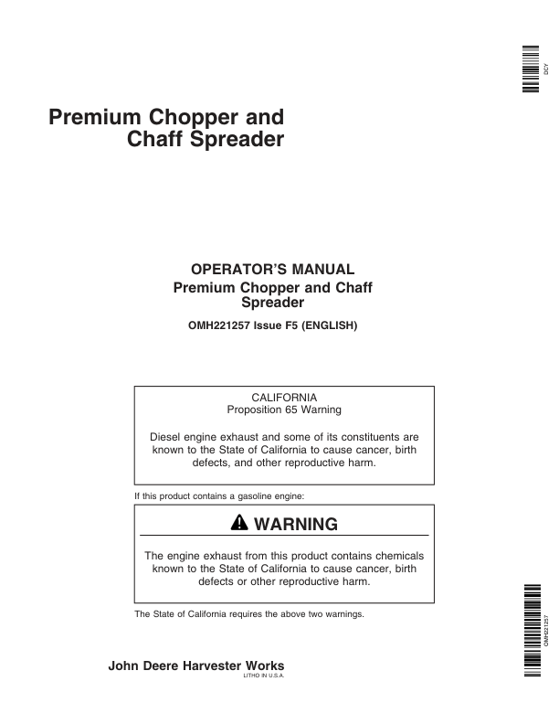 John Deere OM Section: Premium Chopper & Chaff Spreader Operator's Manual (OMH221257)