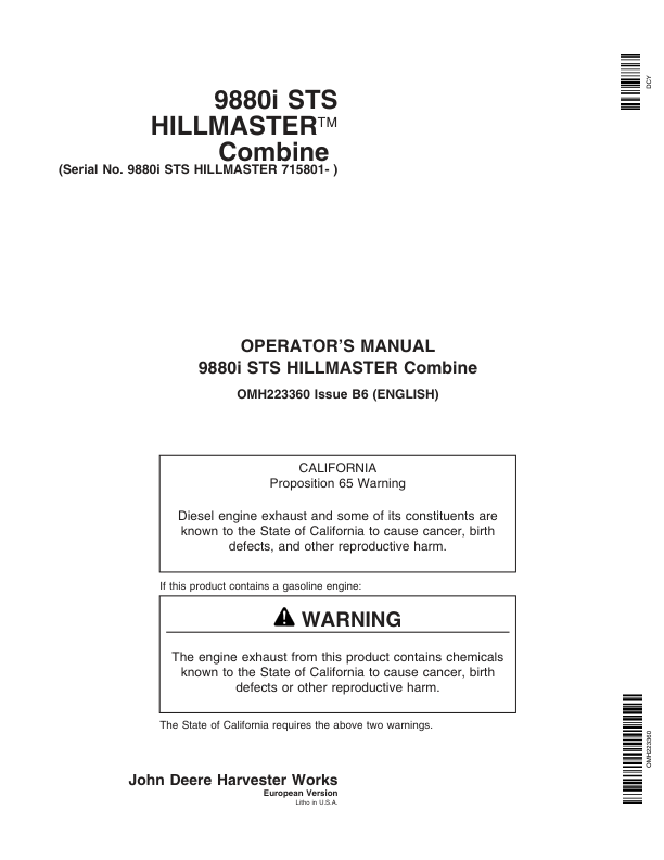 John Deere 9880i STS Hillmaster Combine (715801-) Operator's Manual (OMH223360)