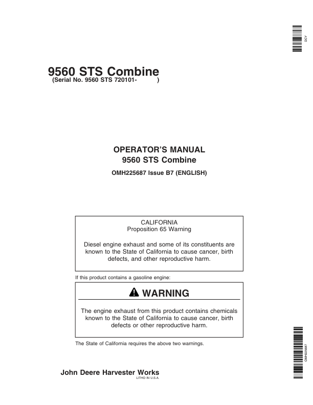 John Deere 9560 STS Combine (720101-) Operator's Manual (OMH225687)