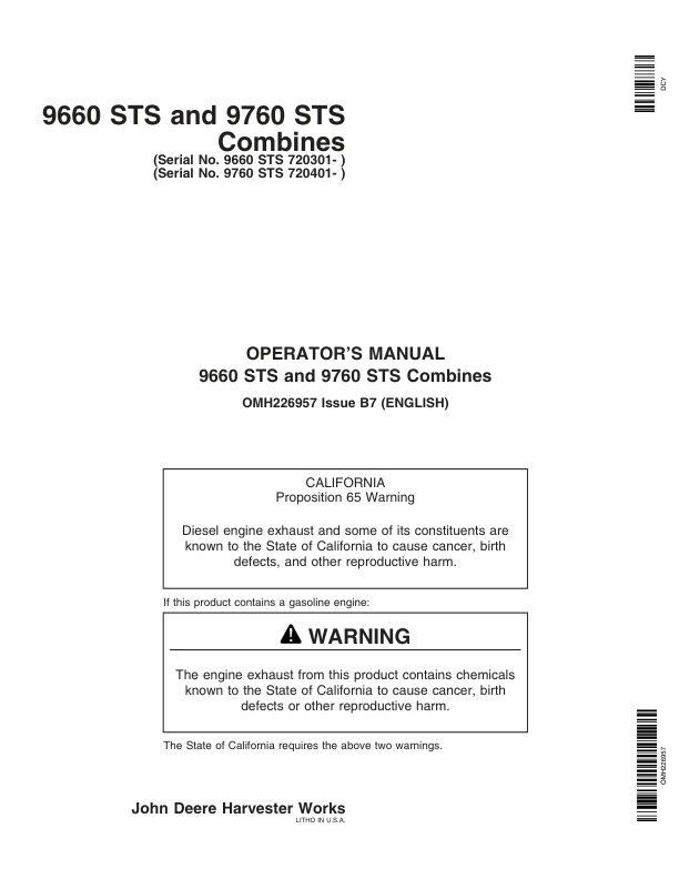 John Deere 9660STS (720301-) & 9760STS (720401- ) Combines Operator's Manual (OMH226957)