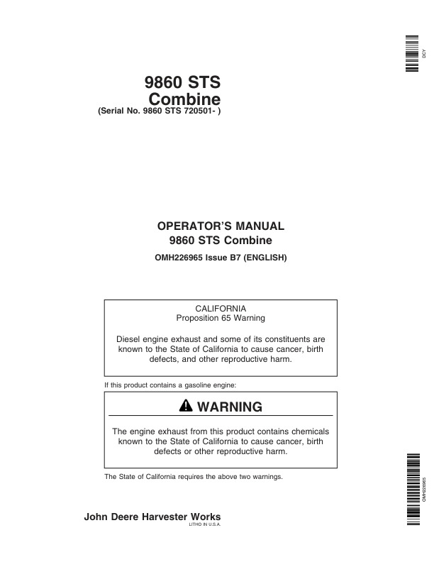 John Deere 9860 STS Combine (720501-) Operator's Manual (OMH226965)