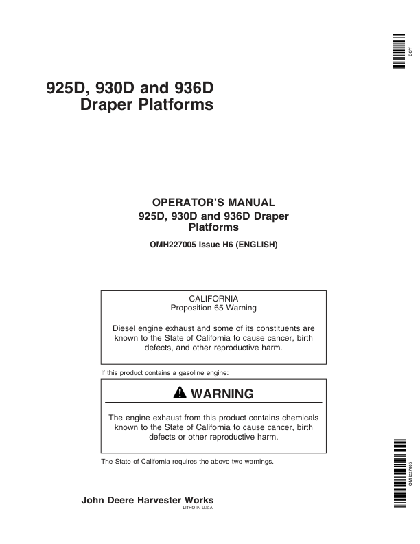 John Deere 925D, 930D, & 936D Draper Platforms North America (720551-725100) Operator's Manual (OMH227005)