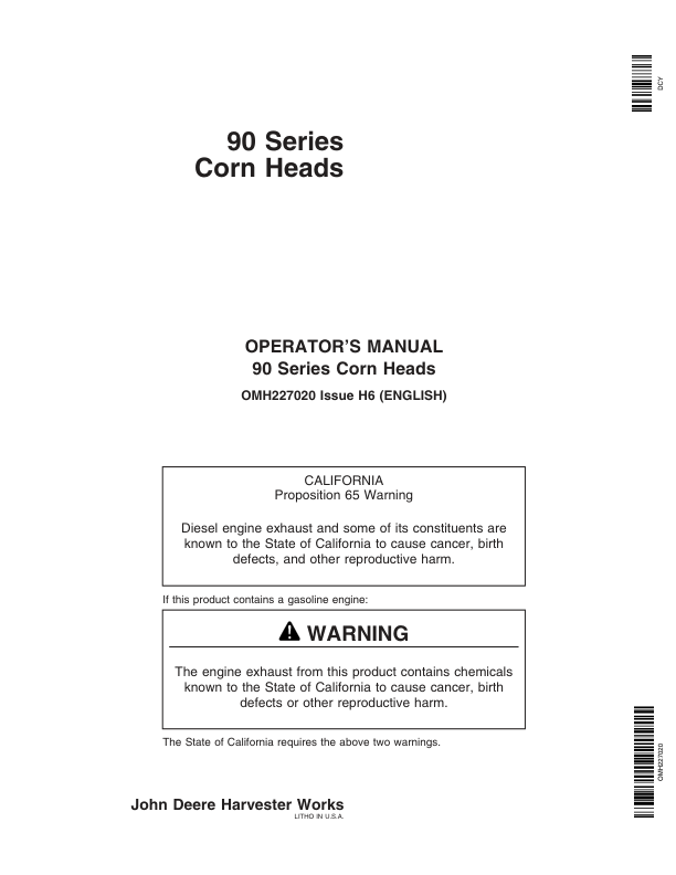 John Deere 90 Series Corn Heads Operator's Manual (OMH227020)