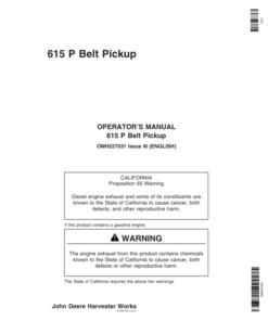 John Deere 615P Belt Pickups Export Edition (720101-725000) Operator's Manual (OMH227031)
