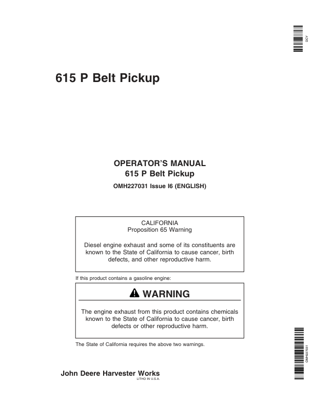 John Deere 615P Belt Pickups Export Edition (720101-725000) Operator's Manual (OMH227031)