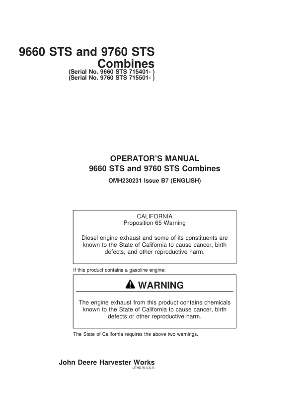 John Deere 9660STS (715401-) & 9760STS (715501- ) Combines Operator's Manual (OMH230231)