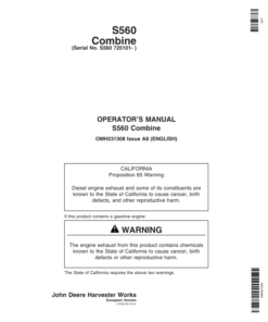 John Deere S560 STS Combine (725101-) Operator's Manual (OMH231308)
