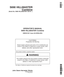 John Deere S690 HILLMASTER Combine (725101-) Operator's Manual (OMH231551)