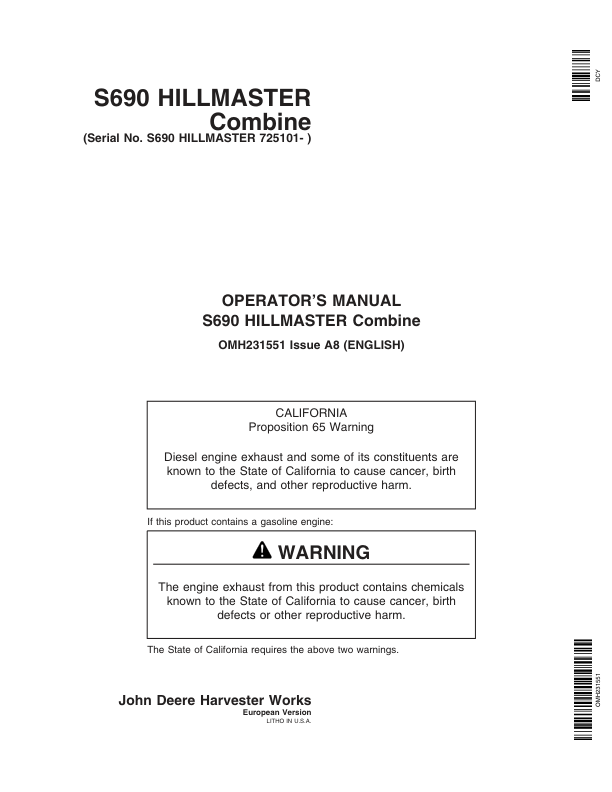 John Deere S690 HILLMASTER Combine (725101-) Operator's Manual (OMH231551)