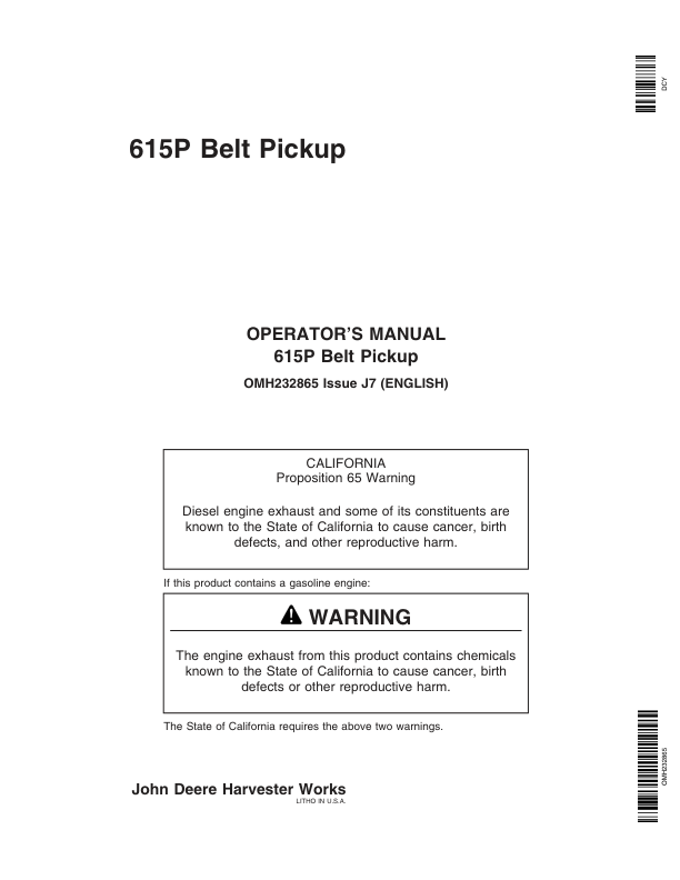 John Deere 615 P Belt Pickup (725101-) Operator's Manual (OMH232865)