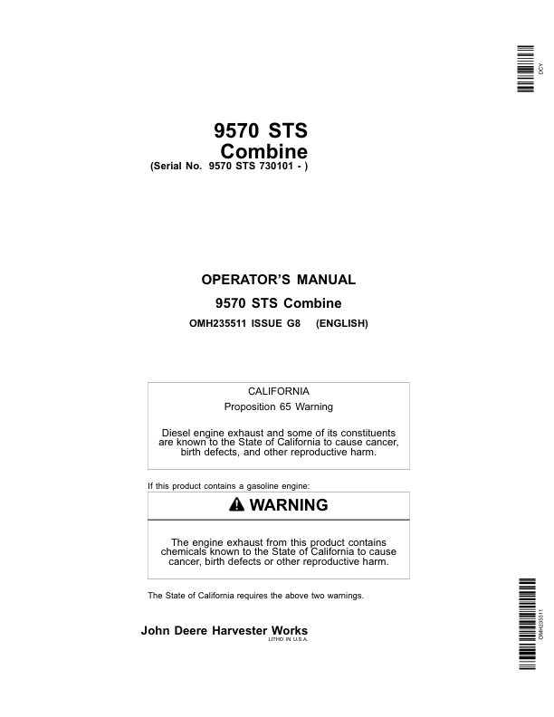 John Deere 9570 STS Combine (730101-) Operator's Manual (OMH235511)