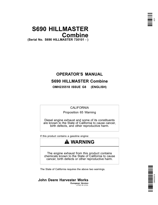 John Deere S690 HILLMASTER Combine (730101-) Operator's Manual (OMH235518)