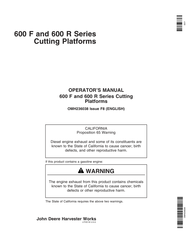 John Deere 600 F&R Series Cutting Platforms North America (730000-734999) Operator's Manual (OMH236038)