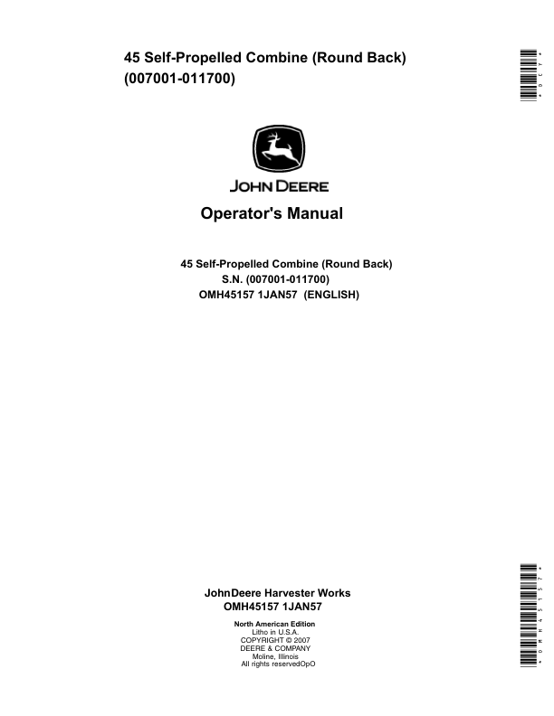 John Deere 45 Self-Propelled Combine (Round Back) Operator's Manual (OMH45157)