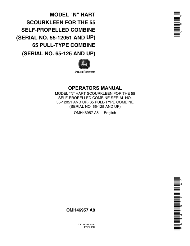 John Deere N Hart ScourKleen - 55, 65 Combines Operator's Manual (OMH46957)