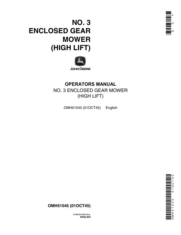 John Deere No. 3 (Enclosed Gear) Sickle Mower (High Lift) Operator's Manual (OMH51045)