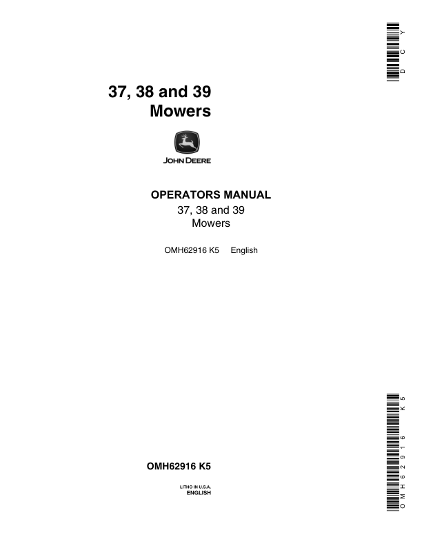 John Deere 37, 38, 39 Sickle Mowers Operator's Manual (OMH62916)