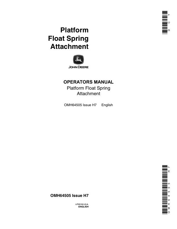 John Deere Platform Float Spring Attachment for 40, 45, 55 Combines Operator's Manual (OMH64505)