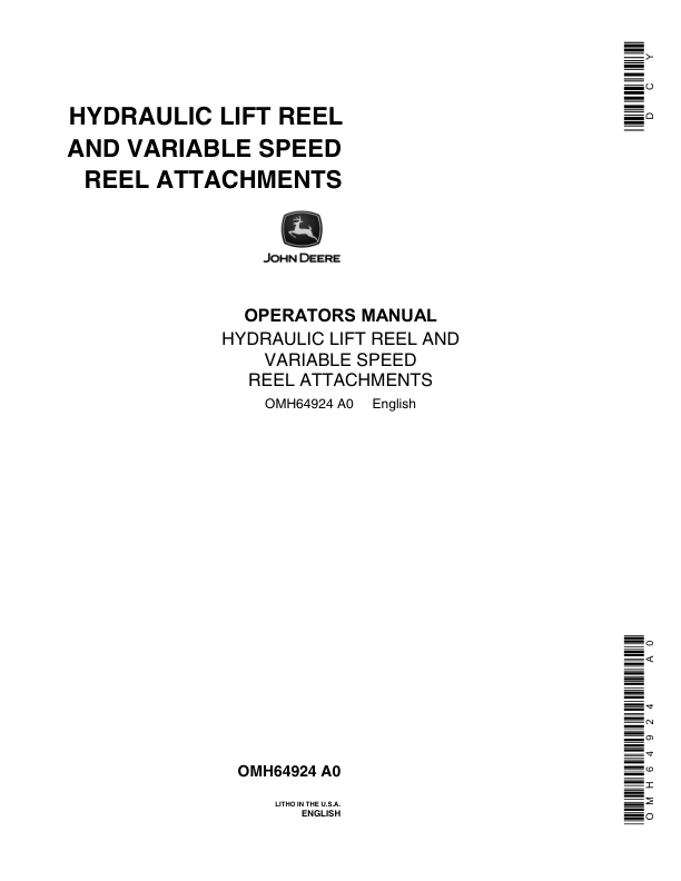 John Deere Hydraulic Lift Reel, Variable Speed Reel Attachments for 55, 95, 105 Combines Operator's Manual (OMH64924)